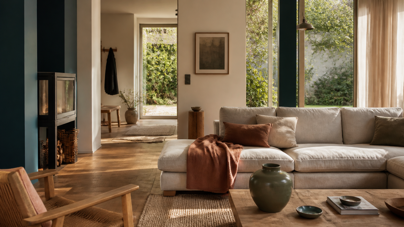 DESIGNILLUSTRATION: Heller Wohnraum mit Gartenblick.