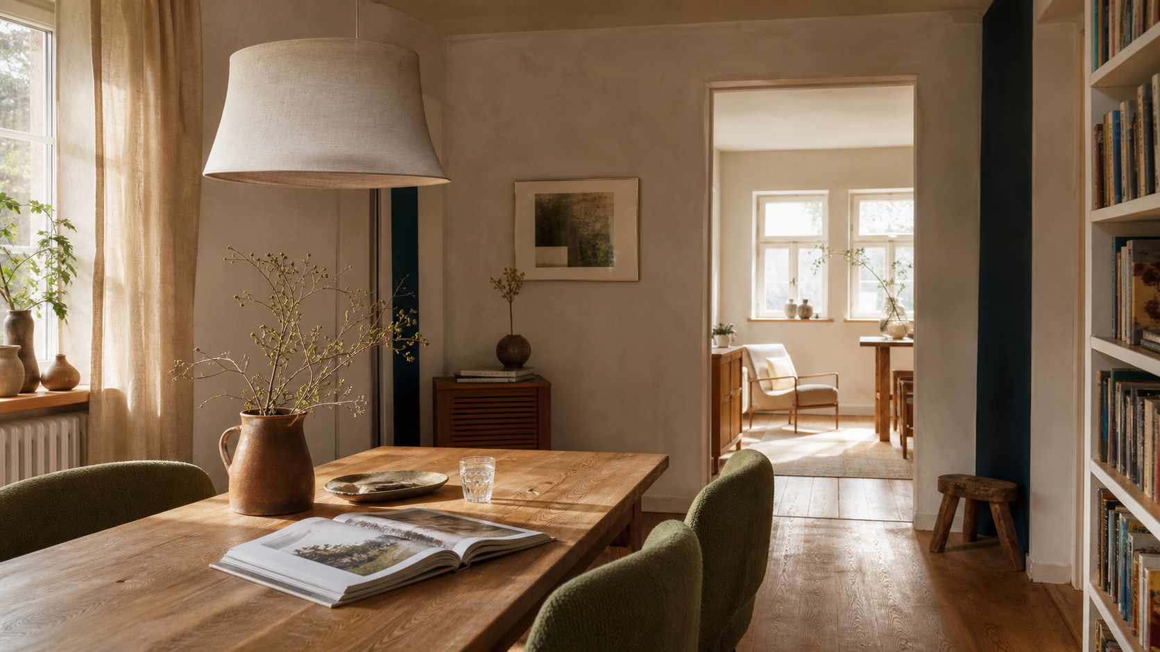 DESIGNILLUSTRATION: Wohnlicher Ess- und Leseraum mit Holz und Leinen.